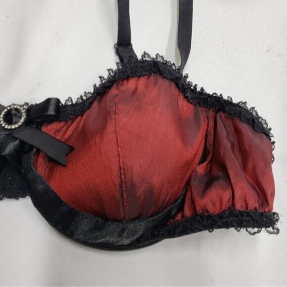 Coquette Sexy Bra Deep Red Black Lace Balconette Size Large - Picture 5 of 12